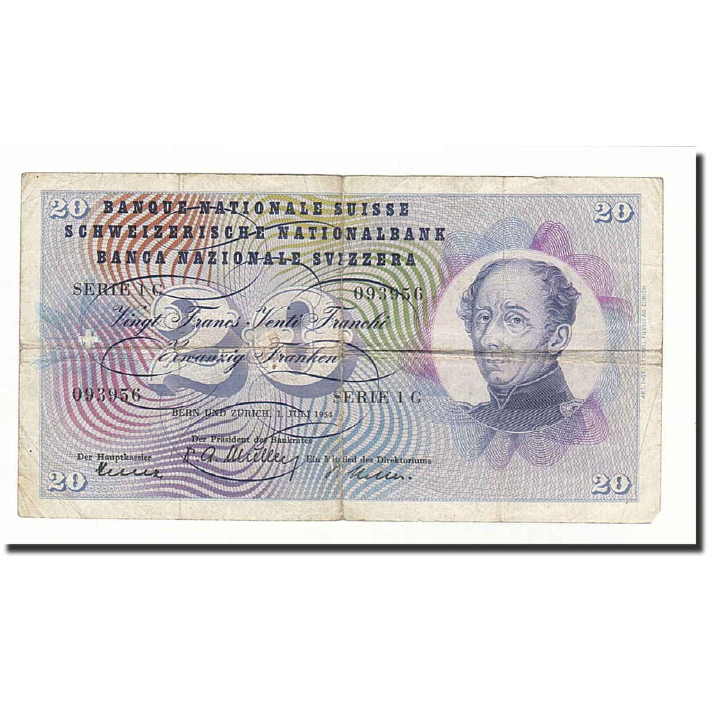 Banknote, Switzerland, 20 Franken, 1954-07-01, KM:46a, VG(8-10)