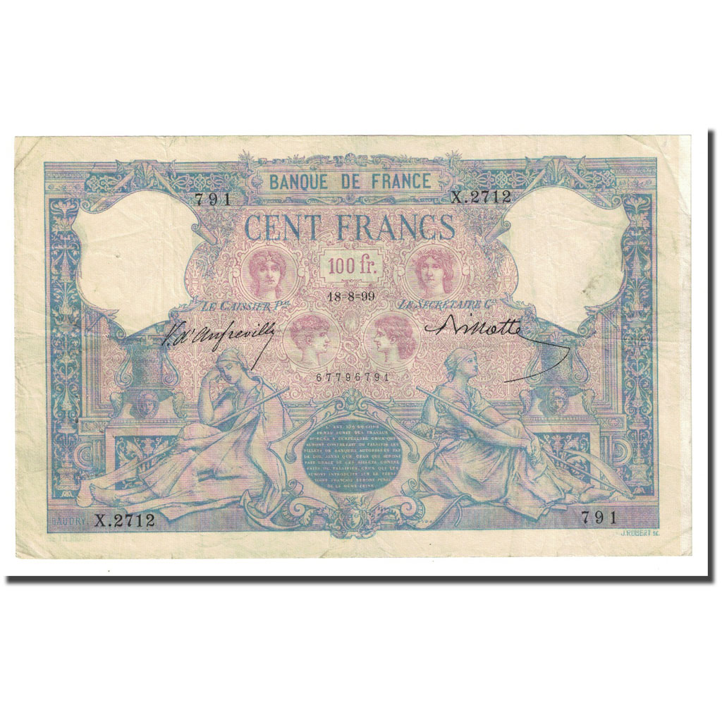 France, 100 Francs, Bleu et Rose, 1899-08-18, EF(40-45), Fayette:21.12, KM:65b