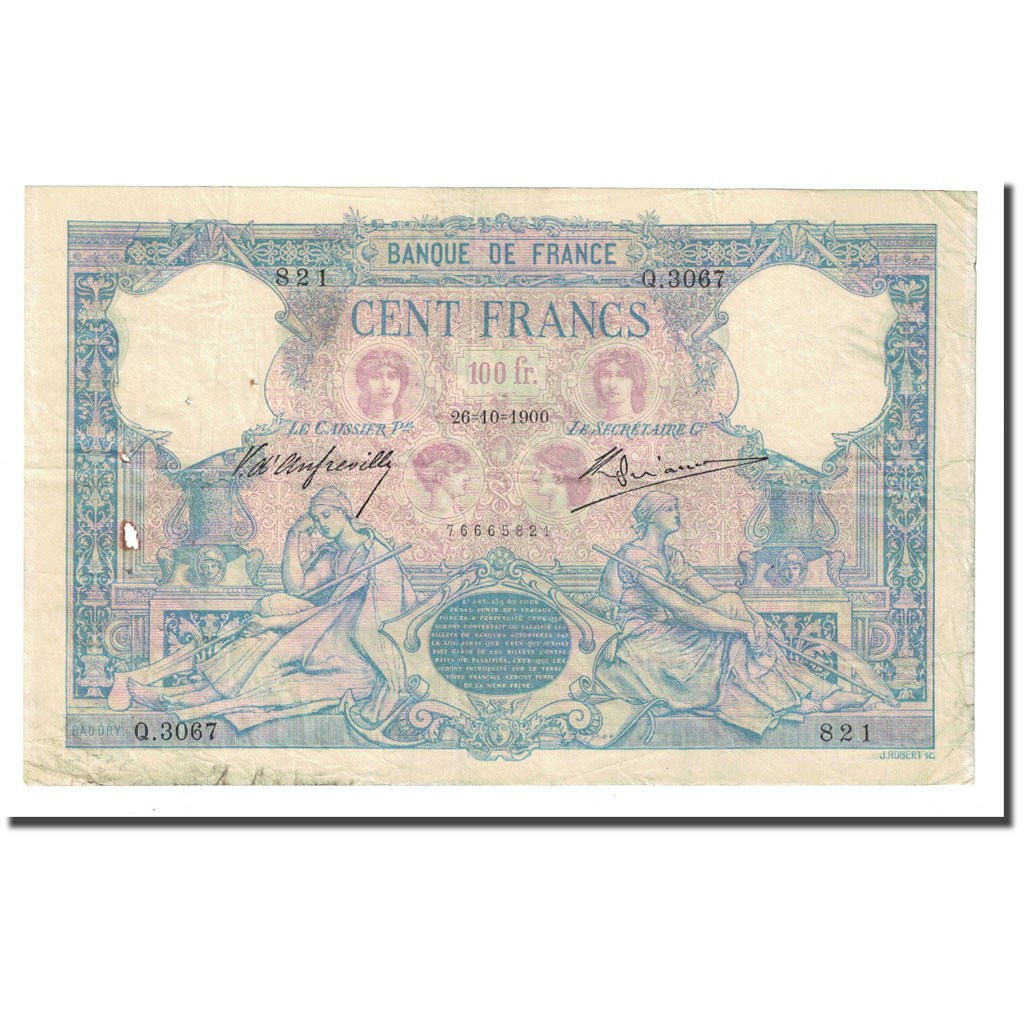 France, 100 Francs, Bleu et Rose, 1900-10-26, VF(30-35), Fayette:21.13, KM:65c