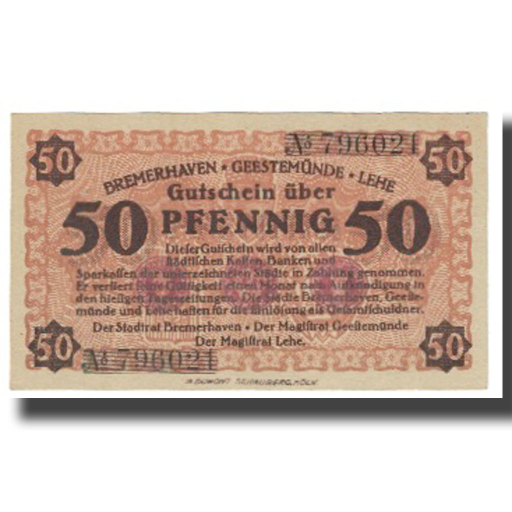 Billet, Allemagne, Bremerhaven, 50 Pfennig, bateau, SPL, Mehl:B86.2b