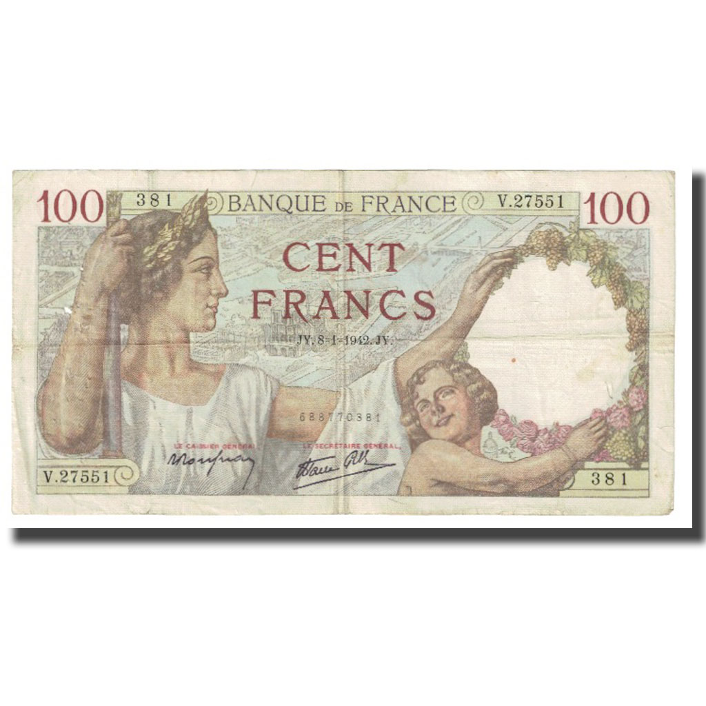 France, 100 Francs, Sully, 1942, P. Rousseau and R. Favre-Gilly, 1942-01-08