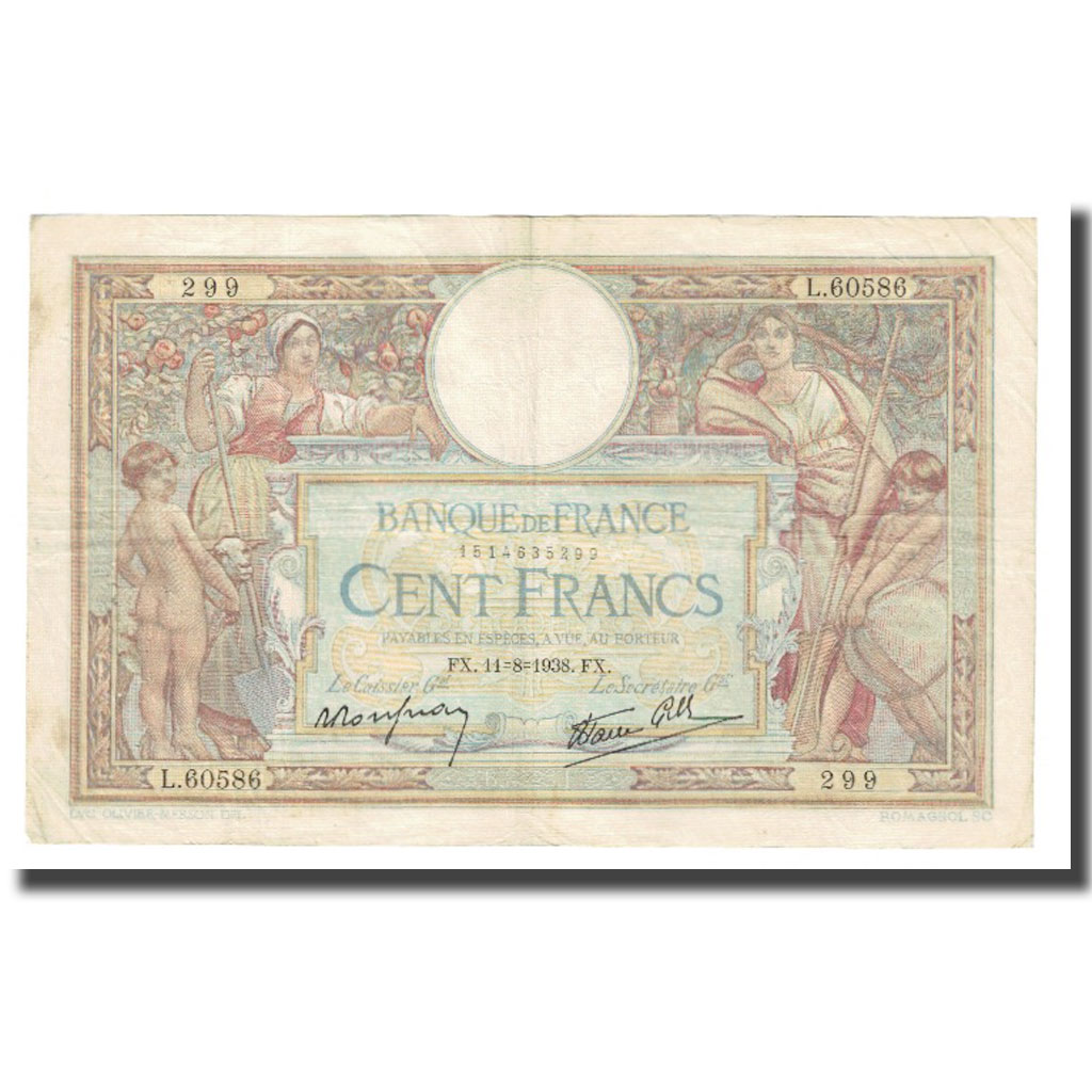 France, 100 Francs, Luc Olivier Merson, 1938, P. Rousseau and R. Favre-Gilly