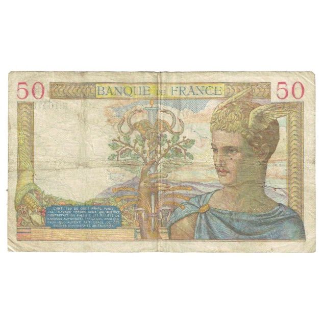 France, 50 Francs, Cérès, 1939, P. Rousseau and R. Favre-Gilly, 1939-06-22