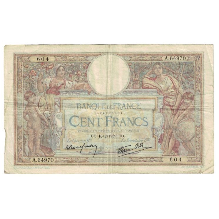 France, 100 Francs, Luc Olivier Merson, 1939, P. Rousseau and R. Favre-Gilly