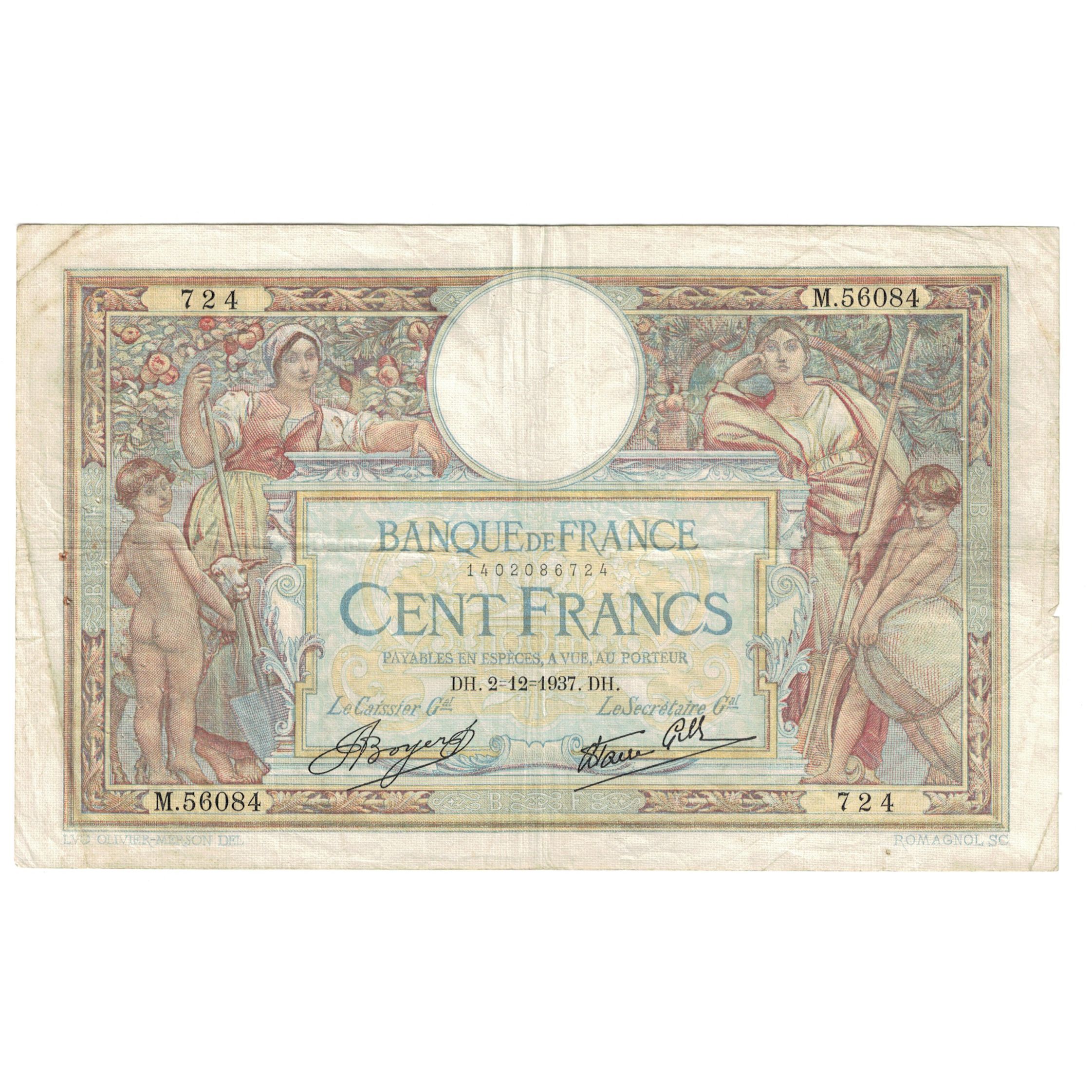 France, 100 Francs, Luc Olivier Merson, 1937, M.56084, VF(30-35), Fayette:VF