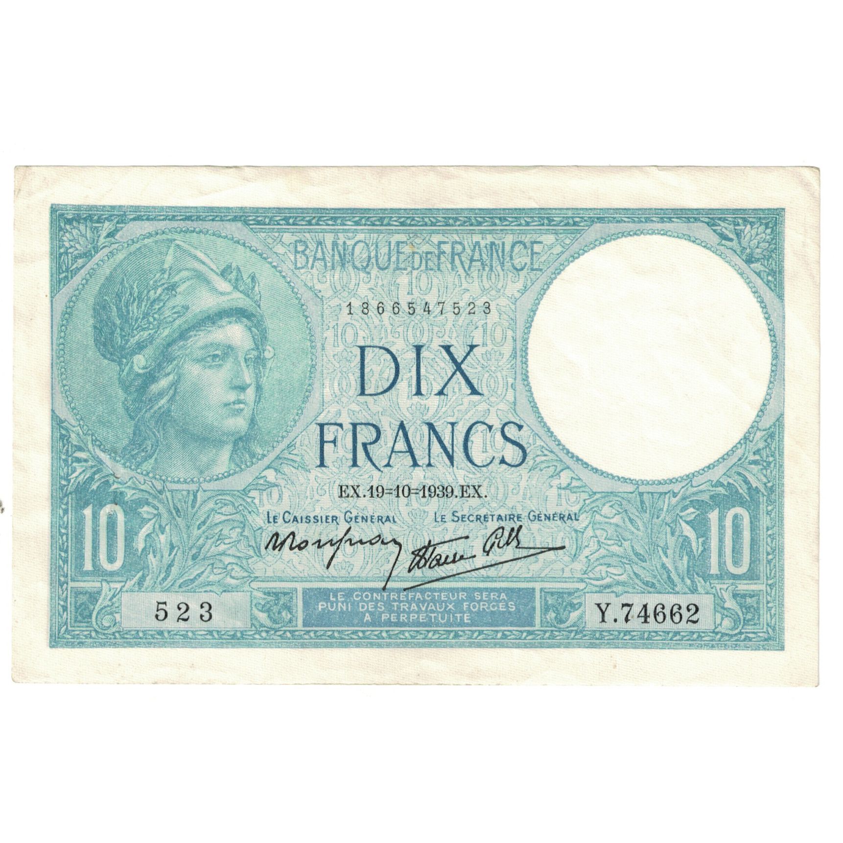 France, 10 Francs, Minerve, 1939, Y.74662, AU(55-58), Fayette:7.12, KM:84