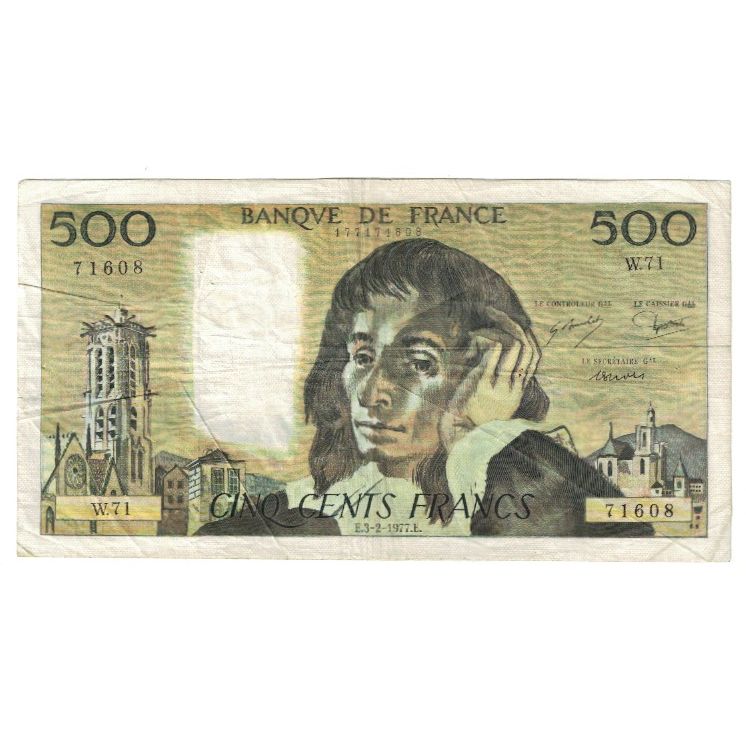 France, 500 Francs, Pascal, 1977, W.71 71608, EF(40-45), Fayette:71.16, KM:156b