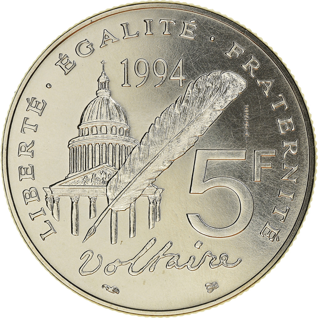 Coin, France, Voltaire, 5 Francs, 1994, Paris, ESSAI, MS(65-70), Nickel