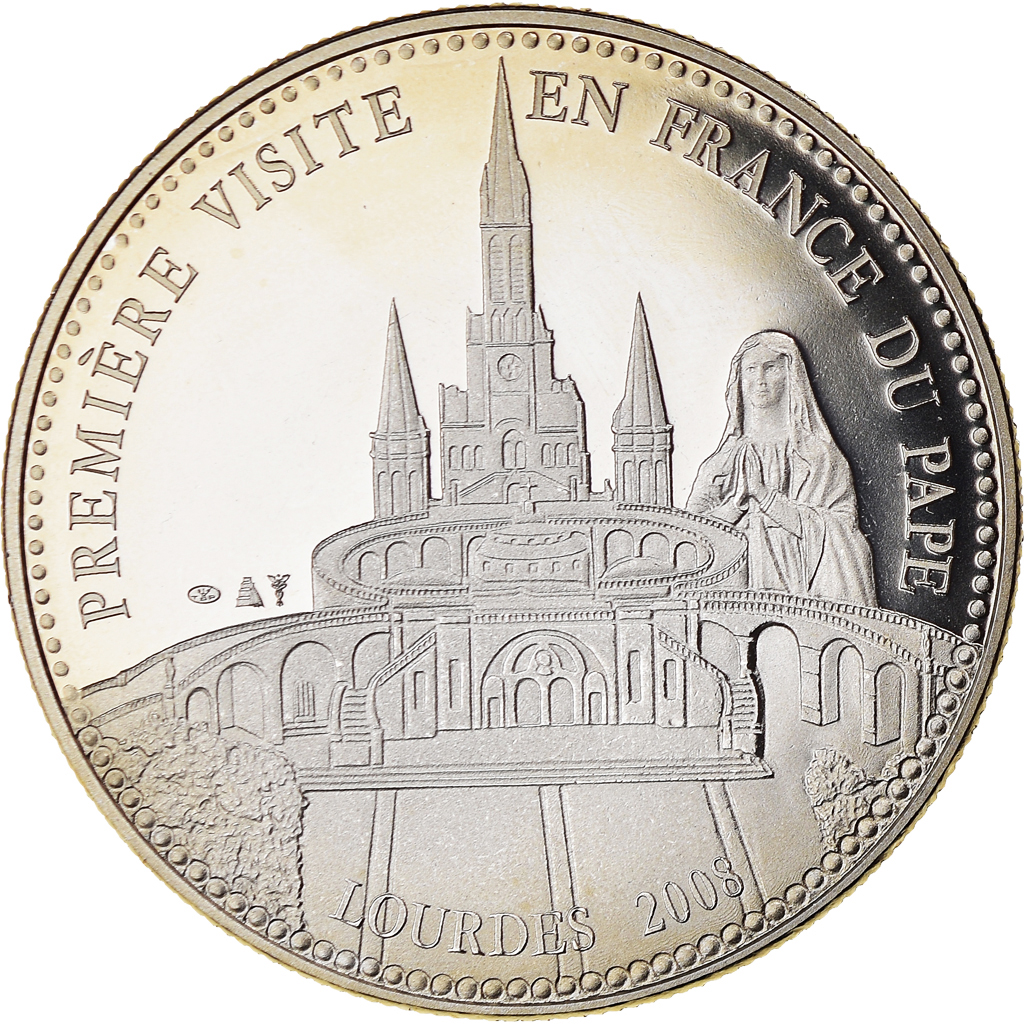 Vaticano, medalla, Première Visite de Benoit XVI en France, Lourdes, 2008, FDC
