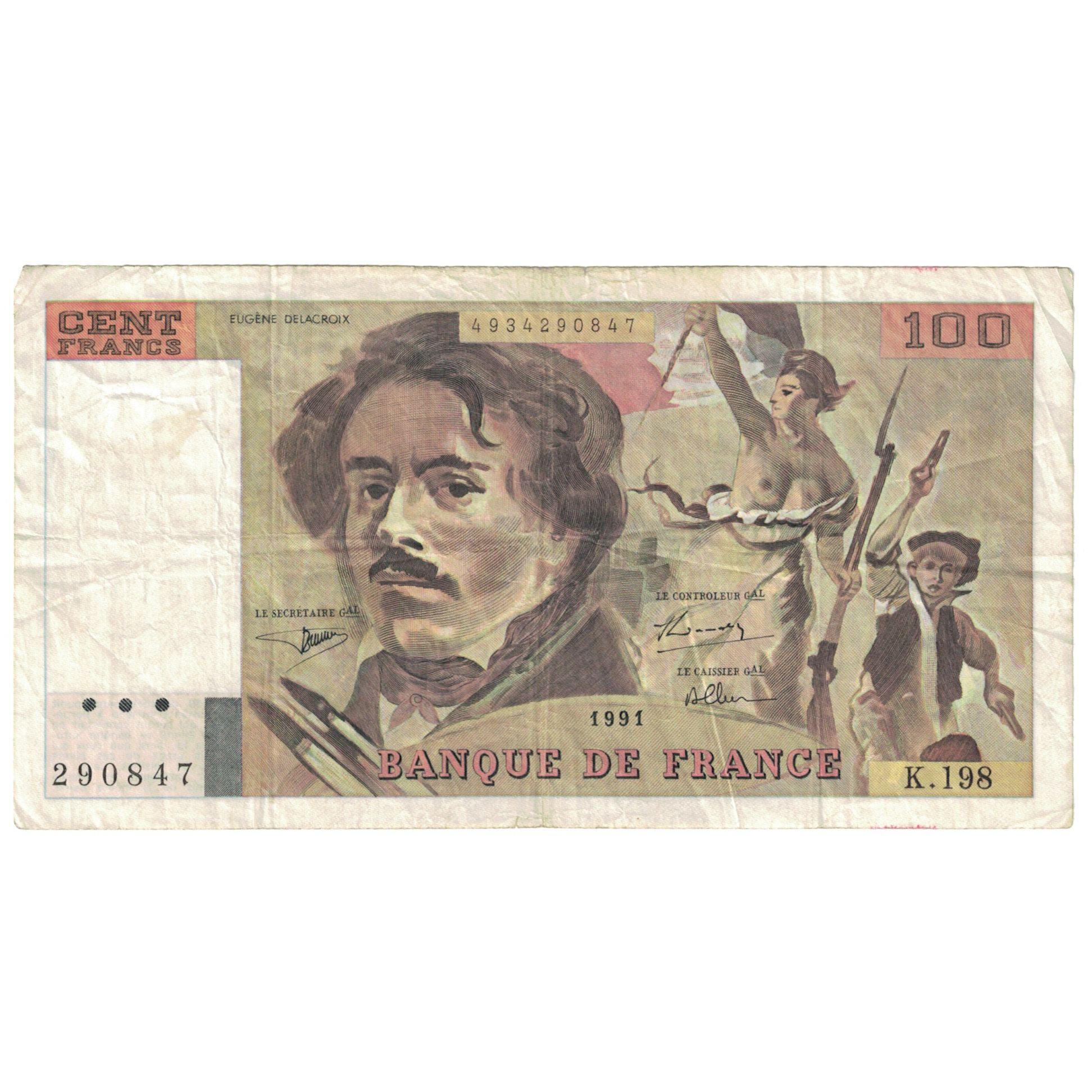 France, 100 Francs, Delacroix, 1991, VG(8-10), Fayette:69bis.04a, KM:154f