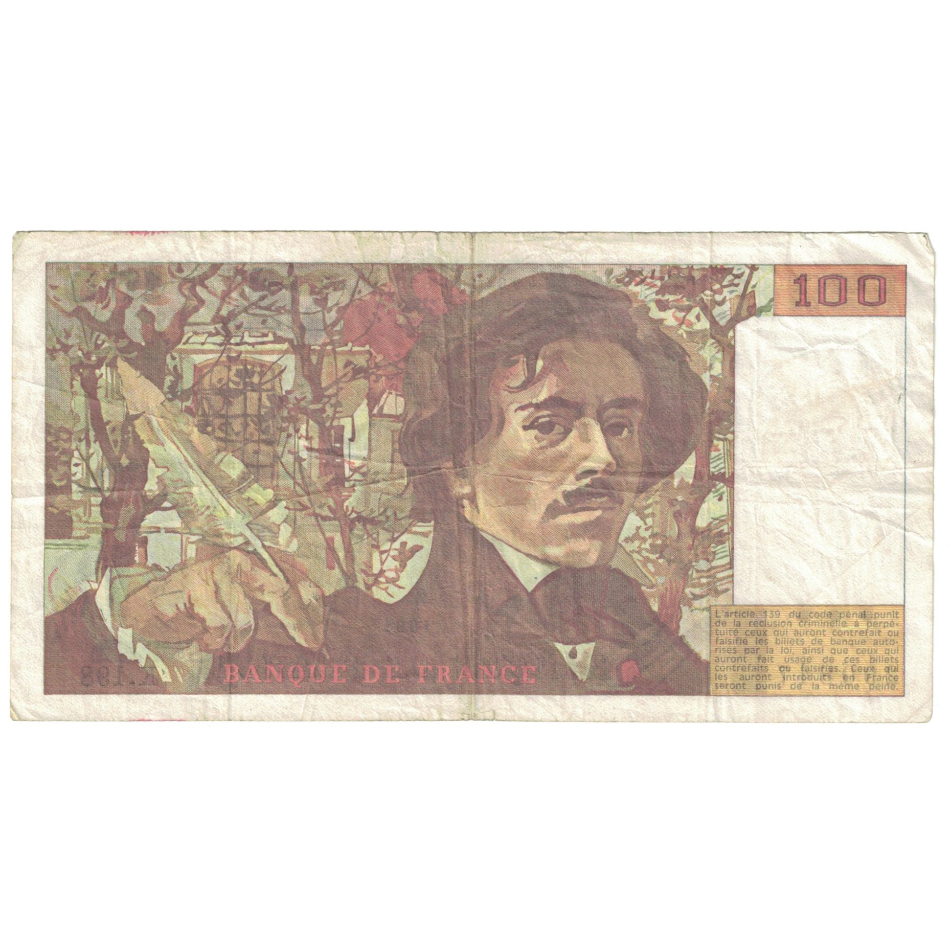 France, 100 Francs, Delacroix, 1991, VG(8-10), Fayette:69bis.04a, KM:154f