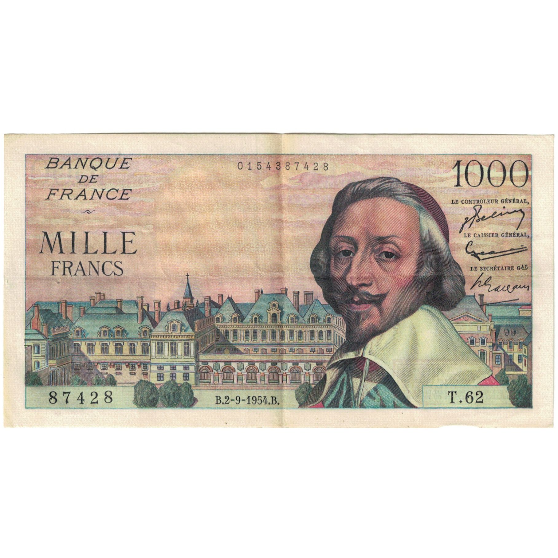 France, 1000 Francs, Richelieu, 1954, 87428 T.62, AU(55-58), Fayette:42.7