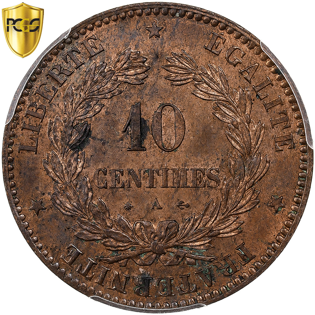 France, 10 Centimes, Cérès, 1871, Paris, Bronze, PCGS, MS63RB, Gadoury:265
