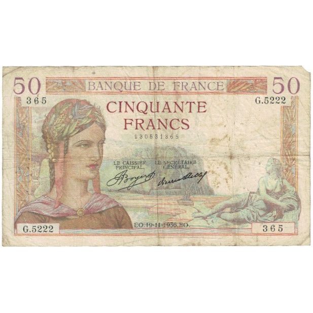France, 50 Francs, Cérès, 1936, G.5222, VG(8-10), Fayette:17.5, KM:81