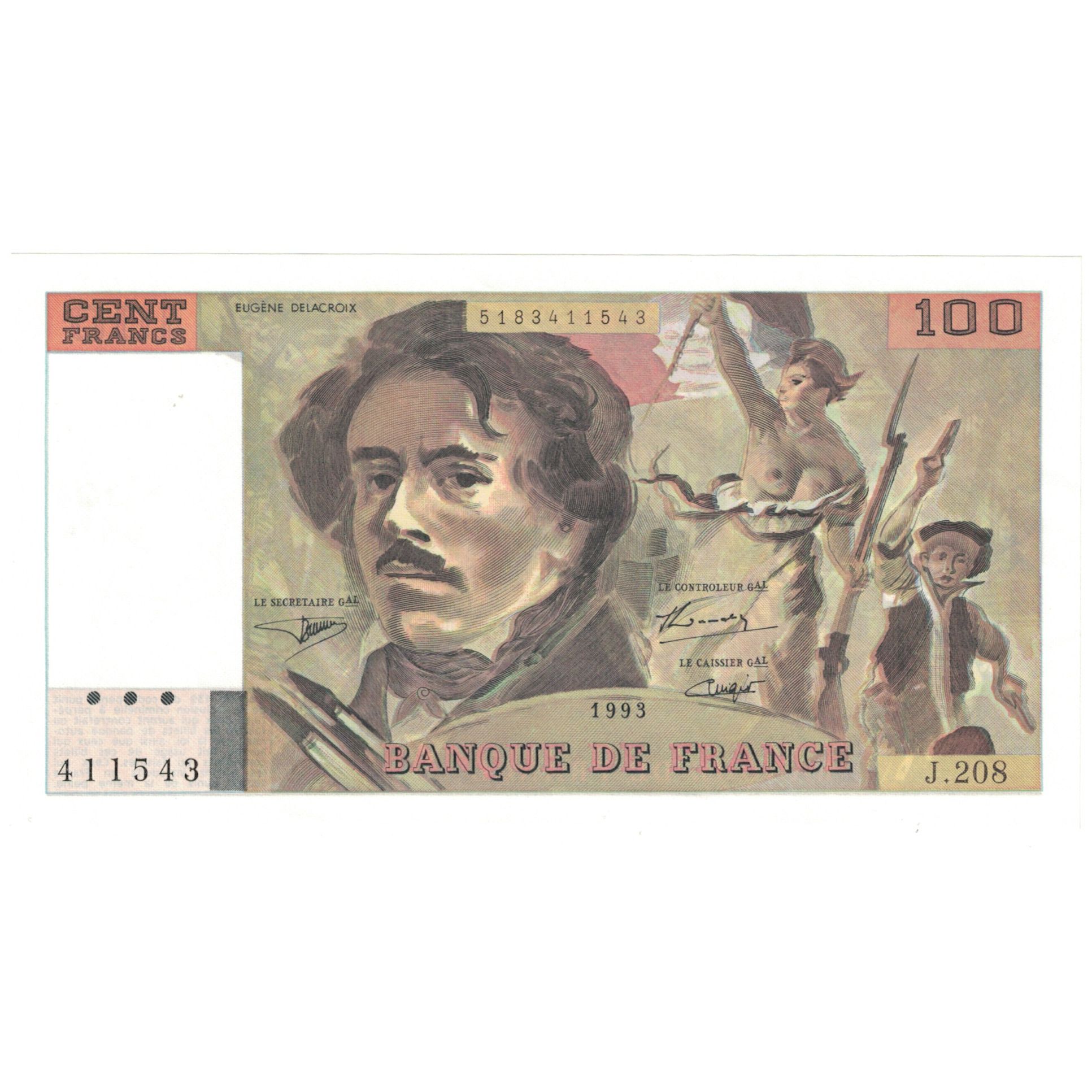 France, 100 Francs, Delacroix, 1993, J.208, UNC(65-70), Fayette:69BIS05, KM:154g