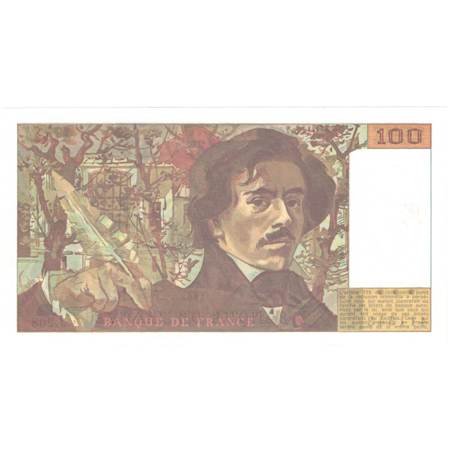 France, 100 Francs, Delacroix, 1993, J.208, UNC(65-70), Fayette:69BIS05, KM:154g