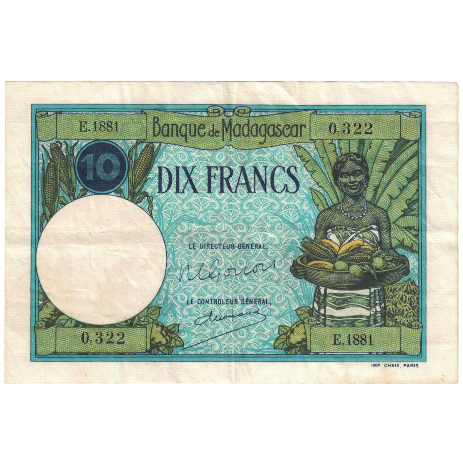 Banknote, Madagascar, 10 Francs, 1937, KM:36, VF(30-35)