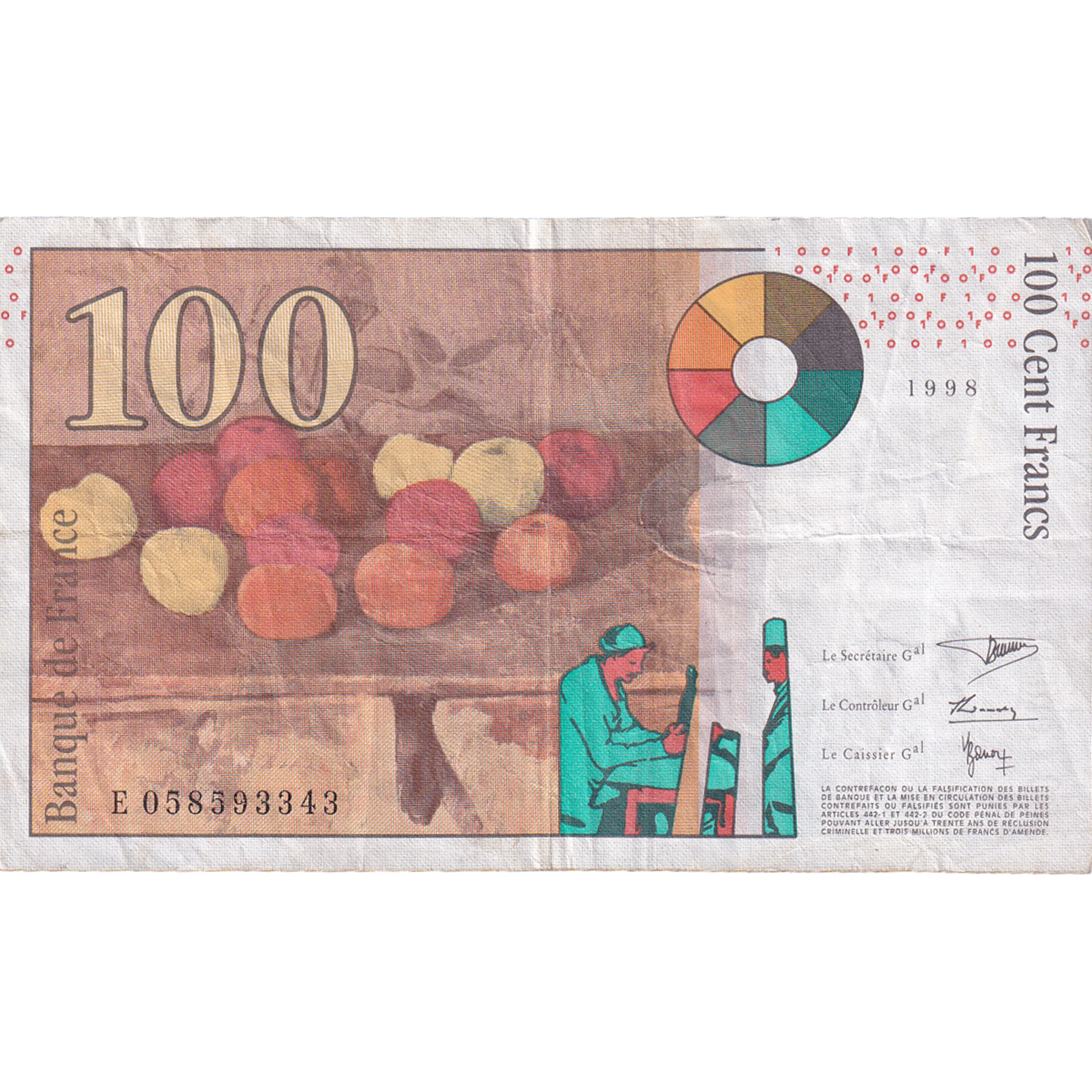 France, 100 Francs, Cézanne, 1998, VF(30-35), Fayette:74.2, KM:158a