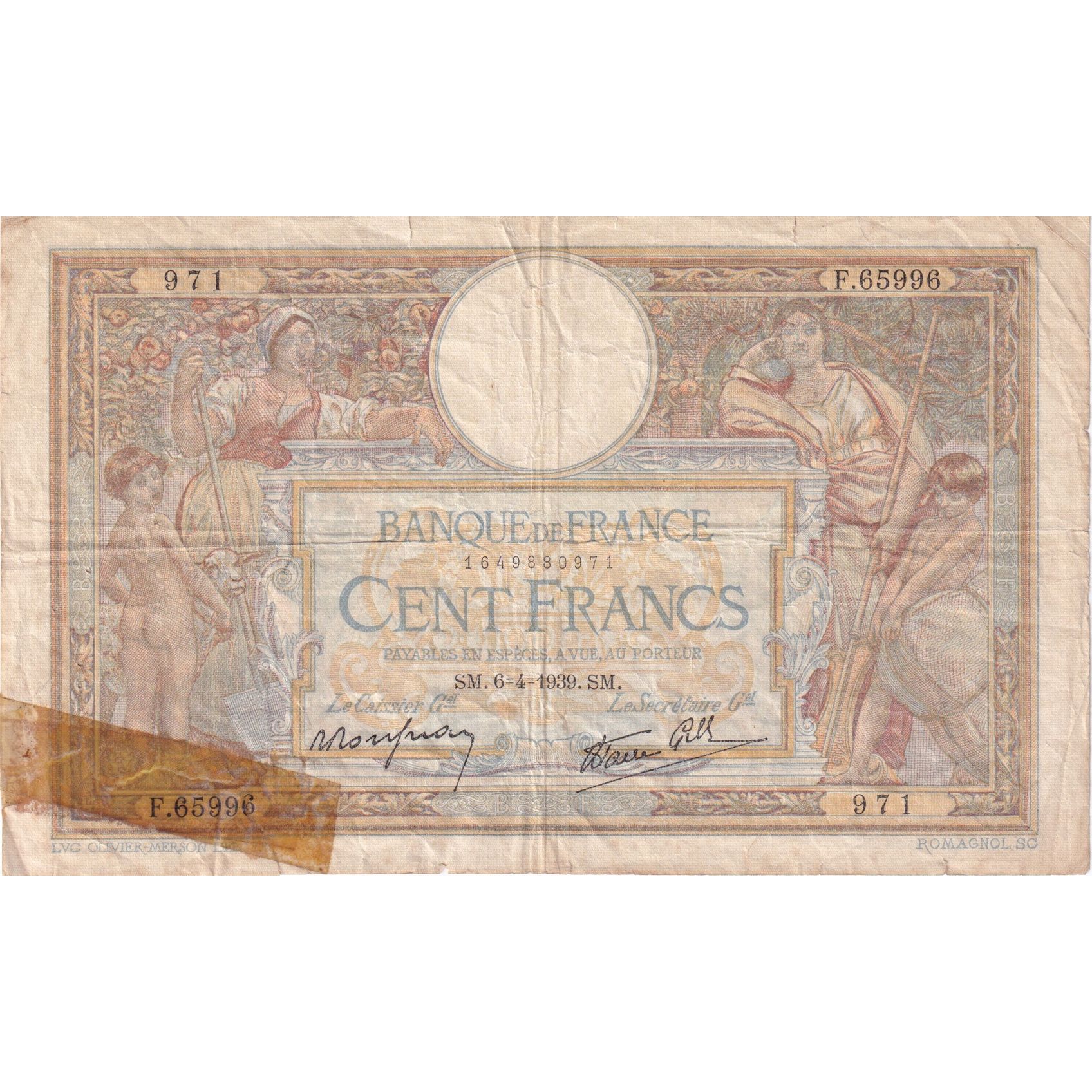 France, 100 Francs, Luc Olivier Merson, 1939, 971, VG(8-10), Fayette:25.45