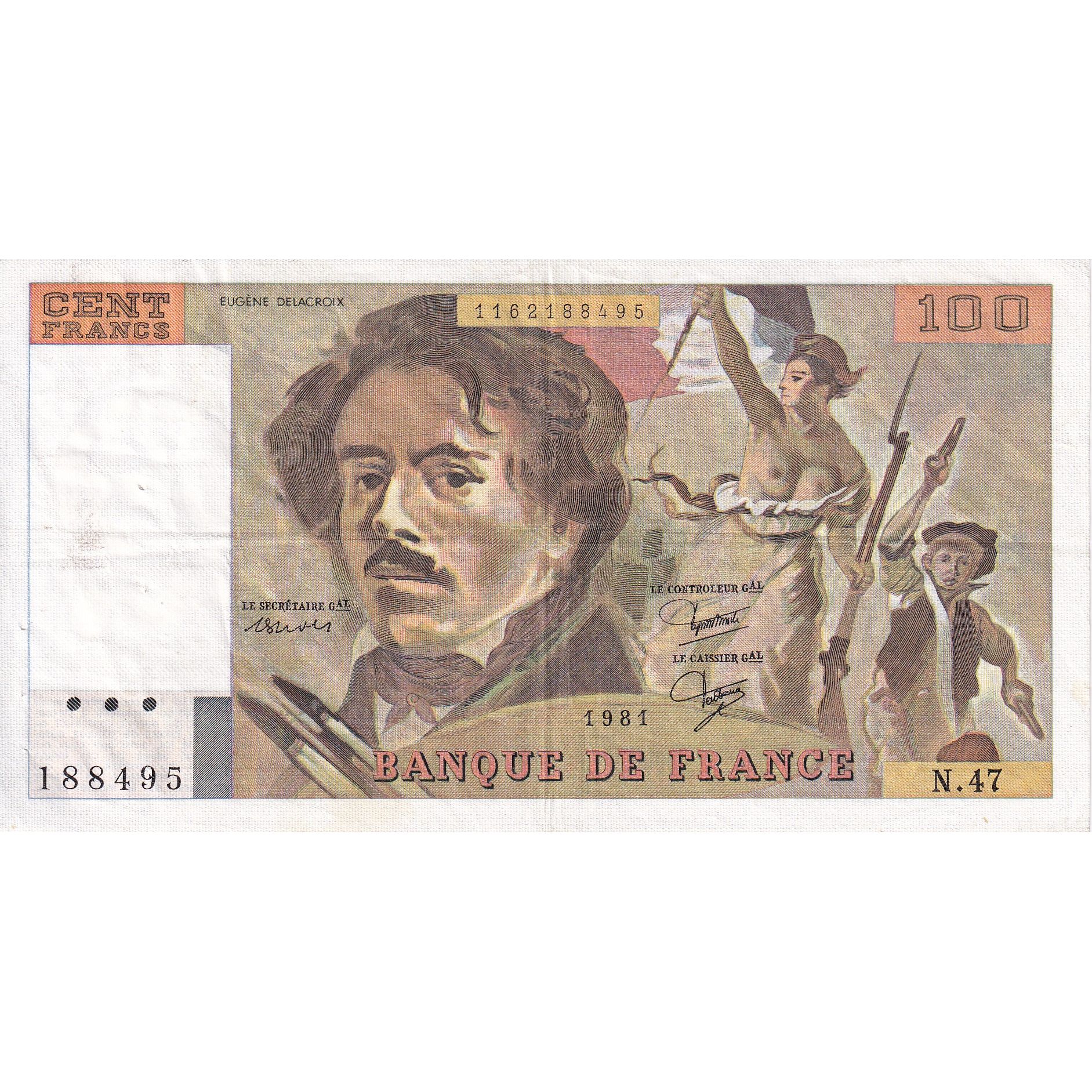 France, 100 Francs, Delacroix, 1981, N.47, EF(40-45), Fayette:69.5, KM:154b