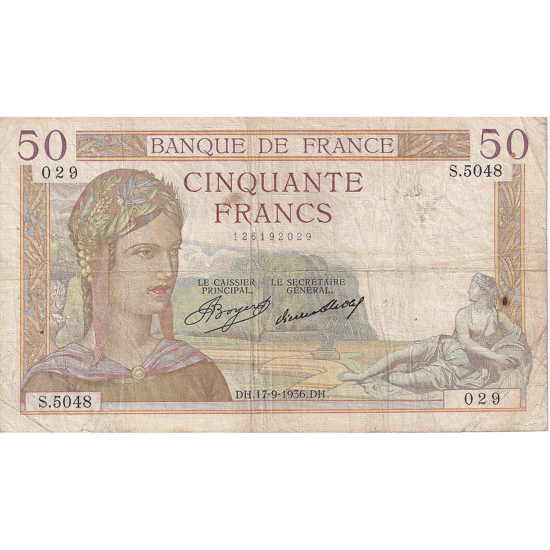 France, 50 Francs, Cérès, 1936, VF(30-35), Fayette:17.30, KM:81