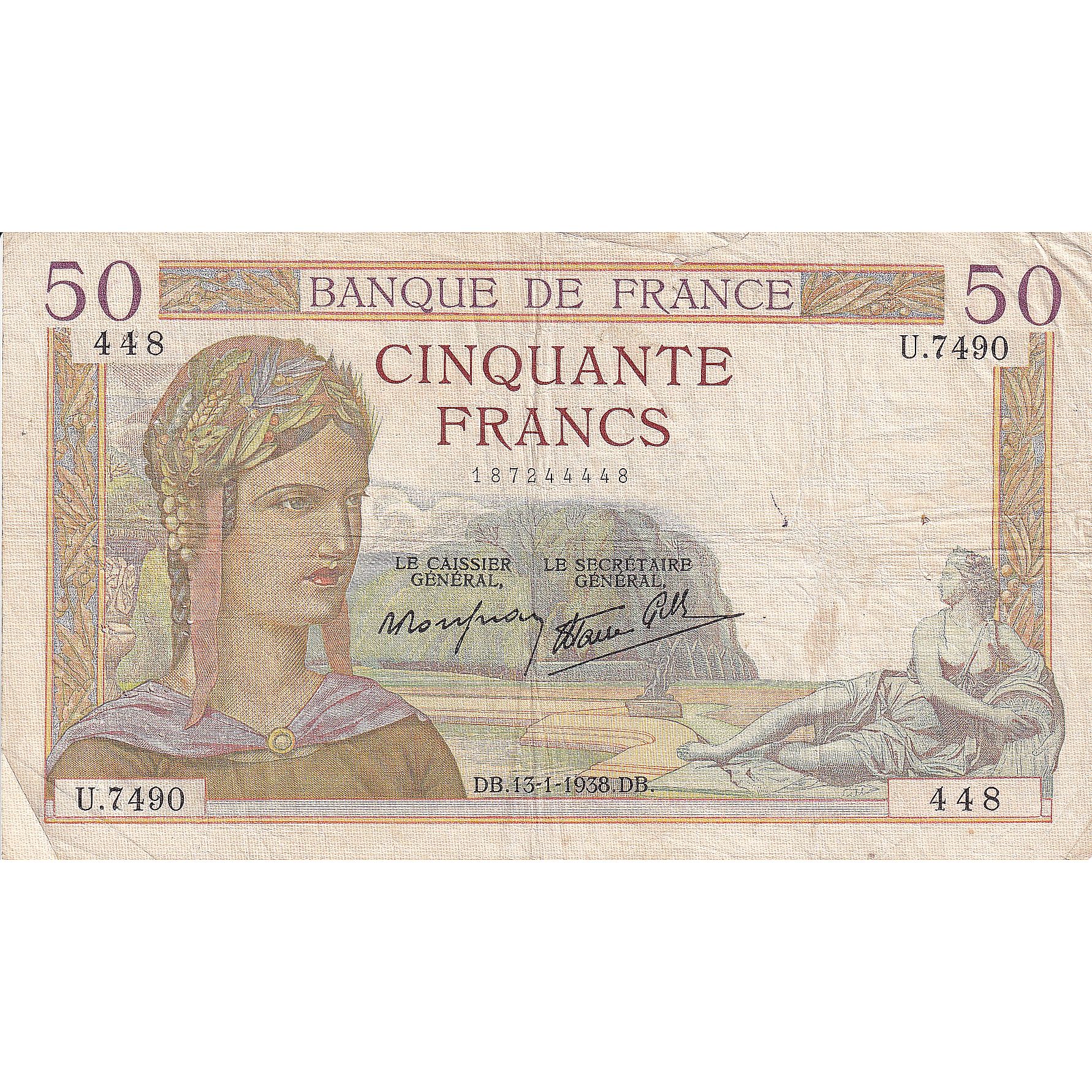 France, 50 Francs, Cérès, 1938, U.7490, VF(20-25), Fayette:18.7, KM:85b