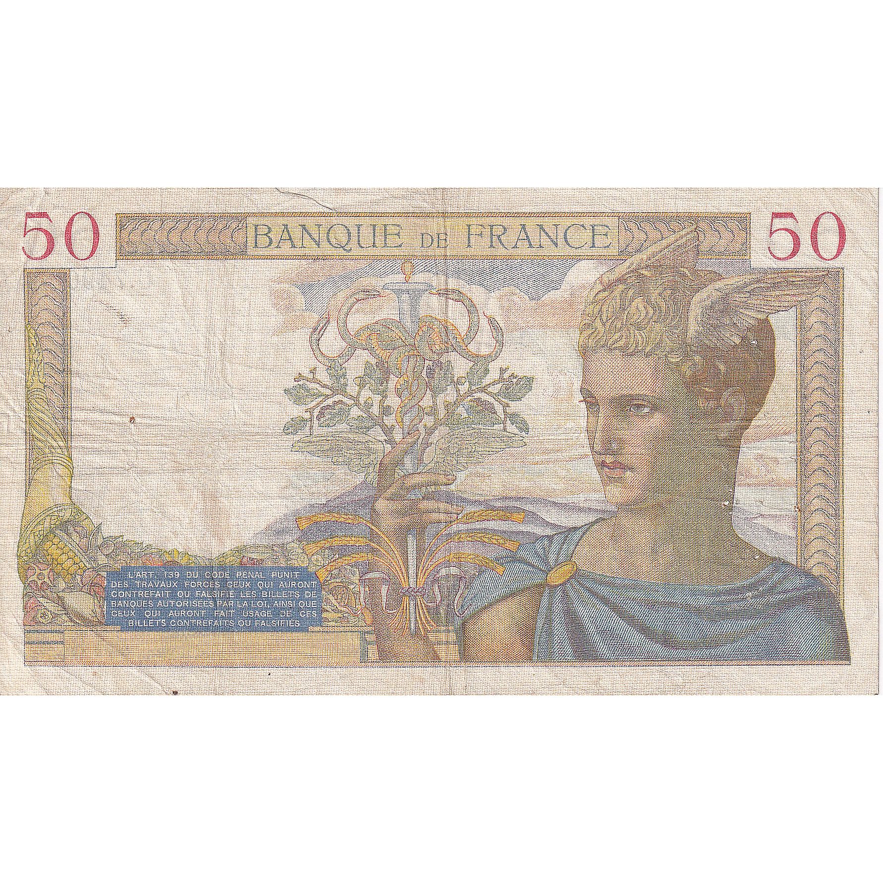 France, 50 Francs, Cérès, 1938, U.7490, VF(20-25), Fayette:18.7, KM:85b