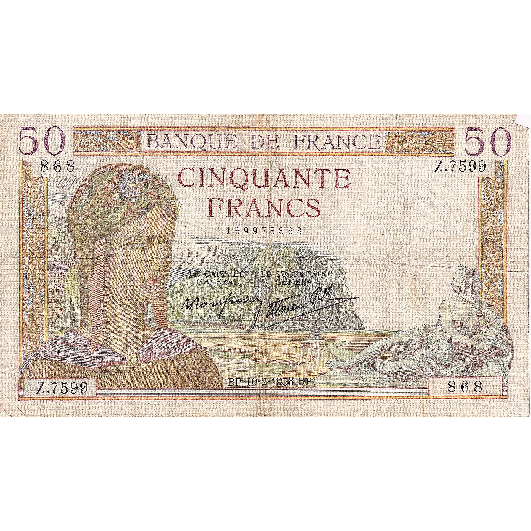 France, 50 Francs, Cérès, 1938, Z.7599, VF(20-25), Fayette:18.08, KM:85b