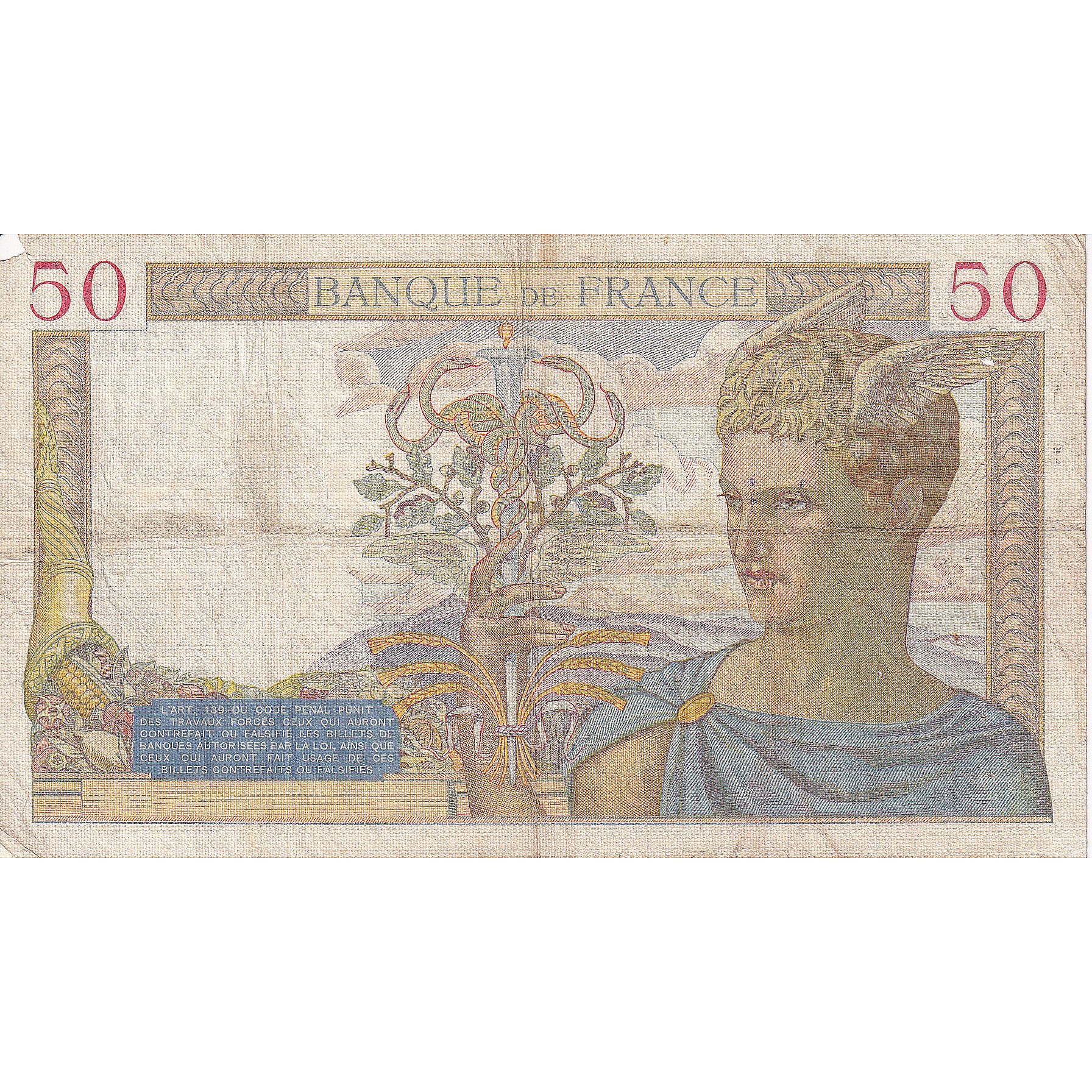 France, 50 Francs, Cérès, 1938, Z.7599, VF(20-25), Fayette:18.08, KM:85b