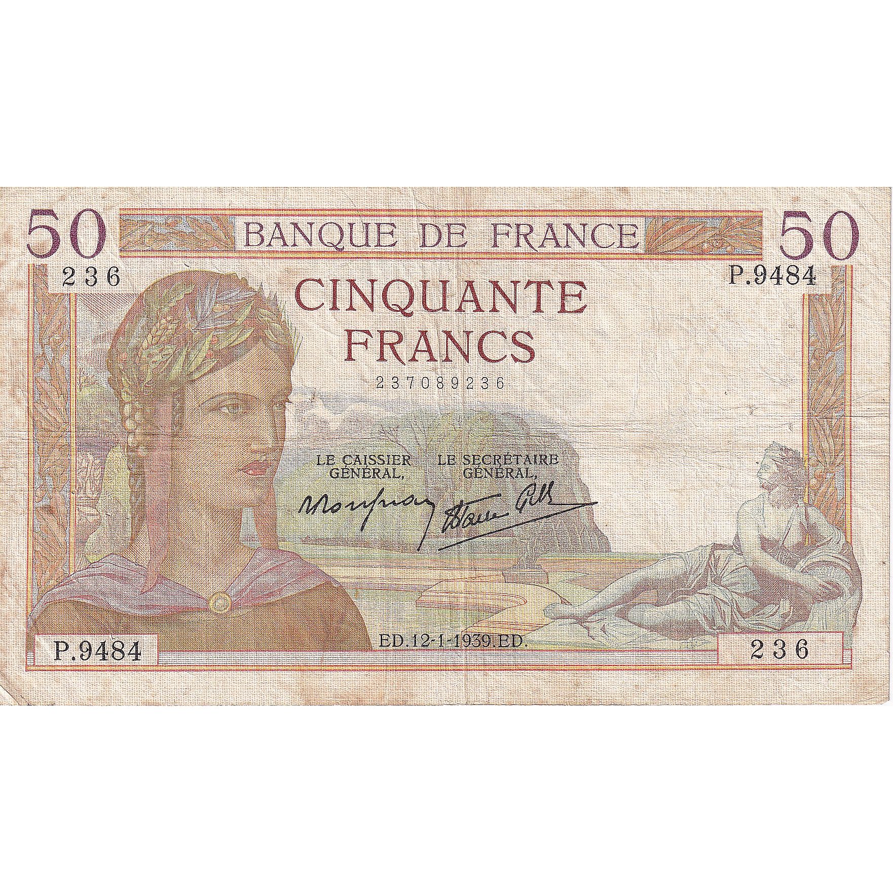 France, 50 Francs, Cérès, 1939, P.9484, VF(20-25), Fayette:18.20, KM:85b