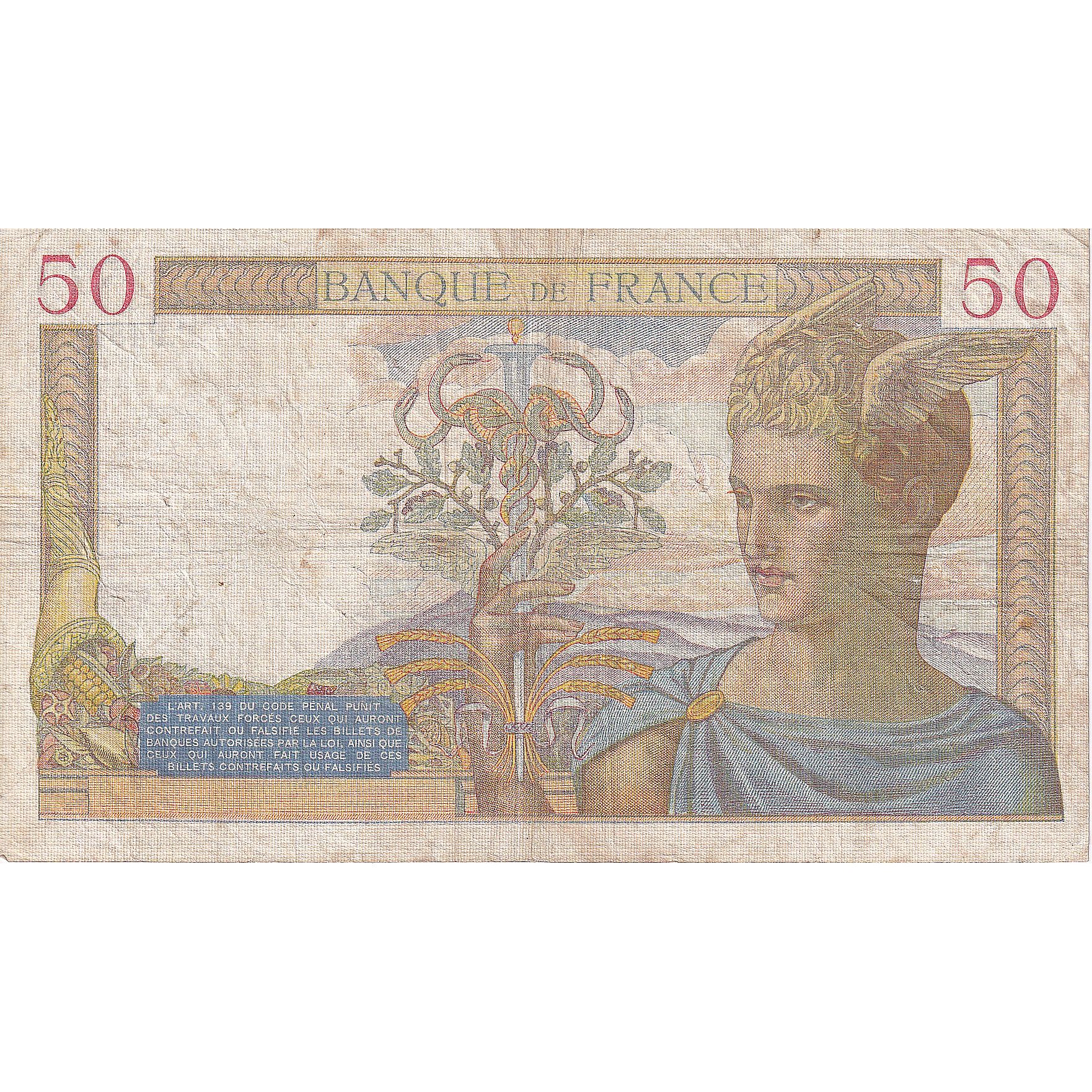 France, 50 Francs, Cérès, 1939, P.9484, VF(20-25), Fayette:18.20, KM:85b