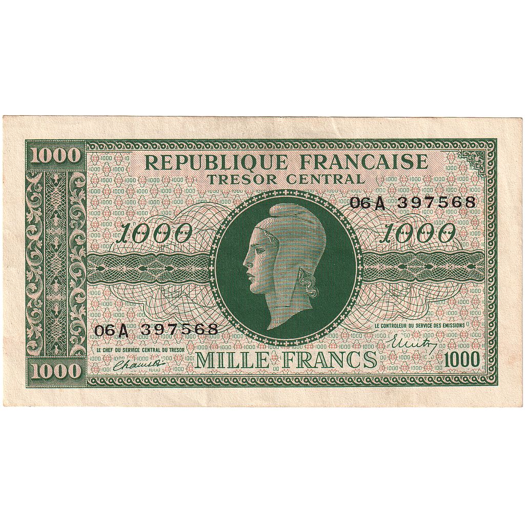 France, 1000 Francs, Marianne, 1945, 06A397568, UNC(60-62), Fayette:VF 12.1