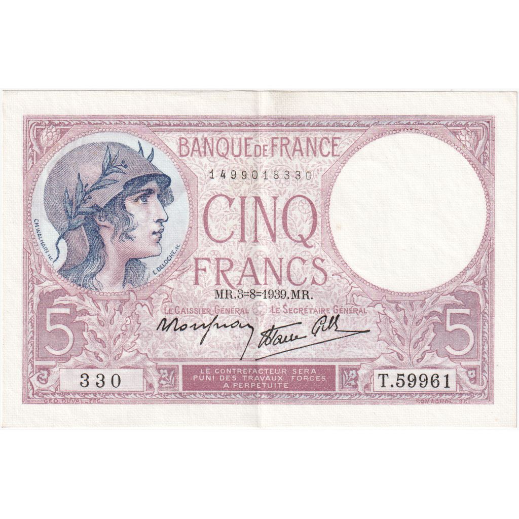 France, 5 Francs, Violet, 1939-08-03, T.59961, UNC(60-62)