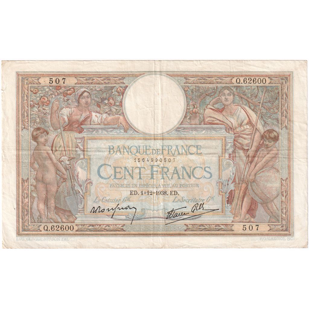 France, 100 Francs, Luc Olivier Merson, 1938-12-01, Q.62600, EF(40-45)