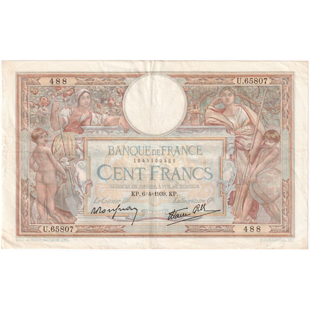France, 100 Francs, Luc Olivier Merson, 1939-04-06, U.65807, EF(40-45)