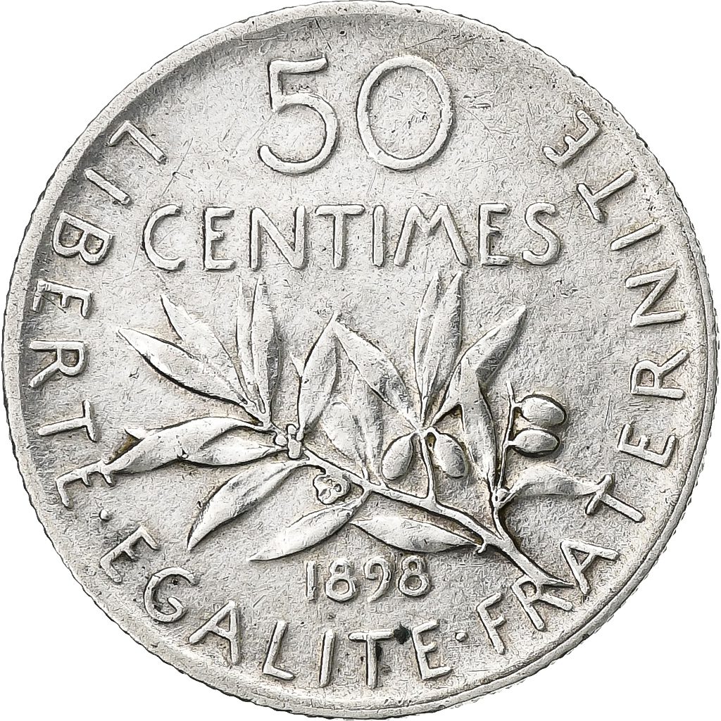 France, 50 Centimes, Semeuse, 1898, Paris, Silver, AU, Gadoury:420