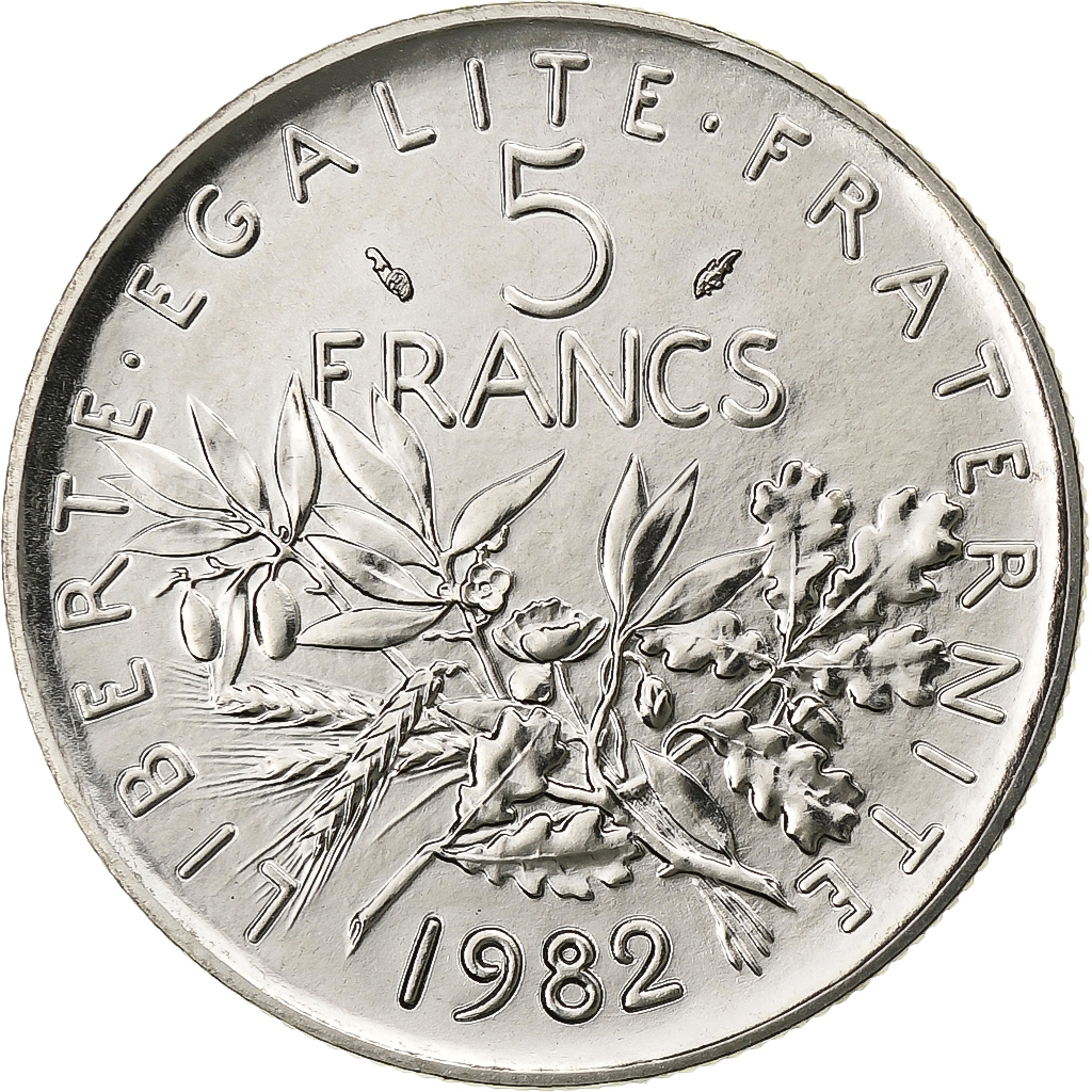 France, 5 Francs, Semeuse, 1982, Paris, Nickel Clad Copper-Nickel, 