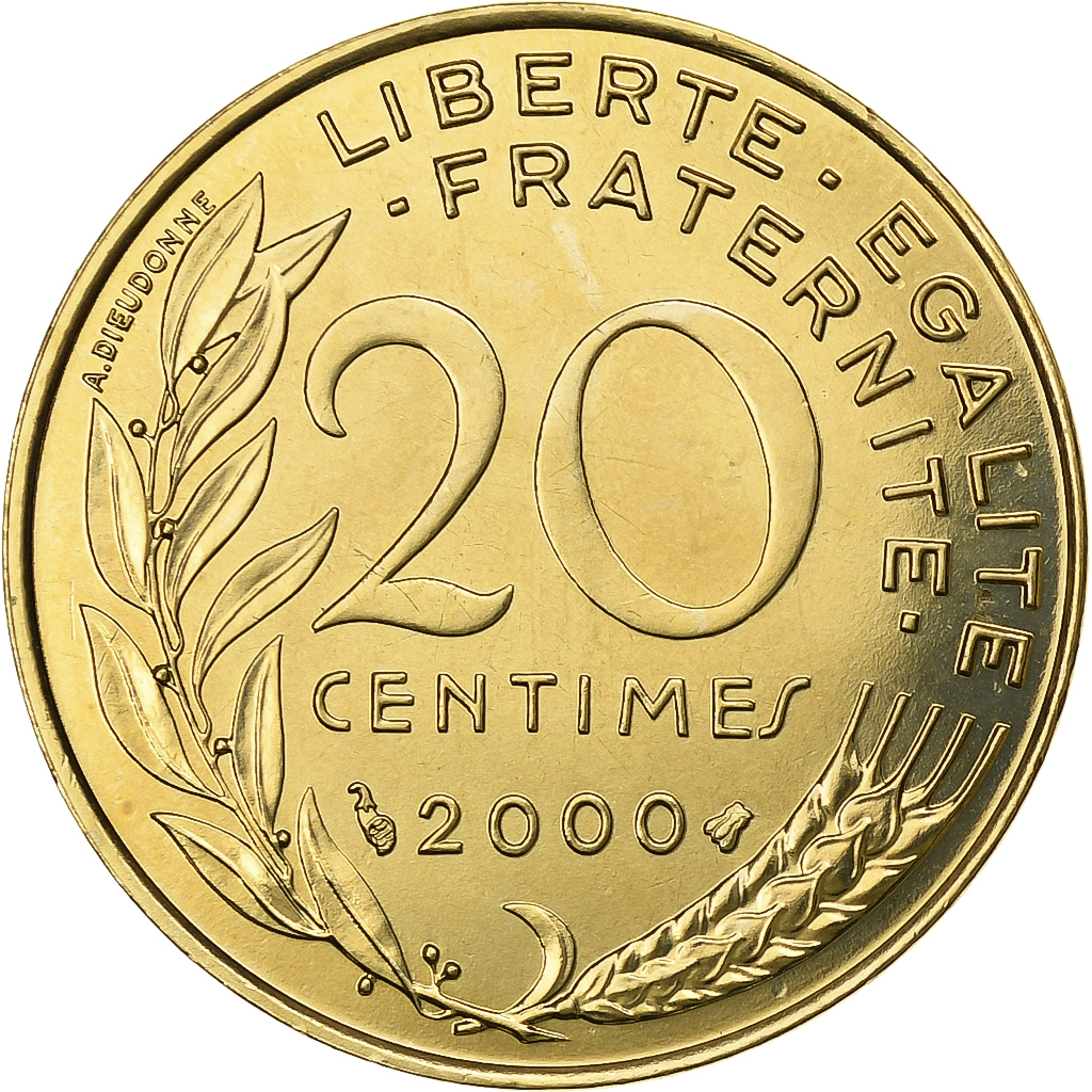 France, 20 Centimes, Marianne, 2000, Paris, Aluminum-Bronze, 