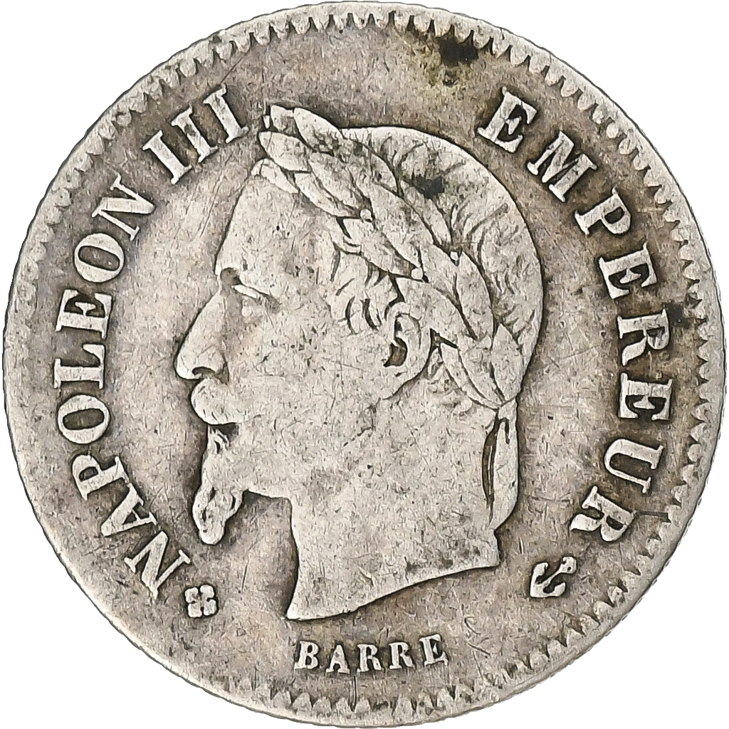 France, Napoleon III, 20 Centimes, Napoléon III, 1867, Strasbourg, Silver