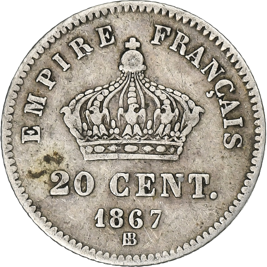France, Napoleon III, 20 Centimes, Napoléon III, 1867, Strasbourg, Silver