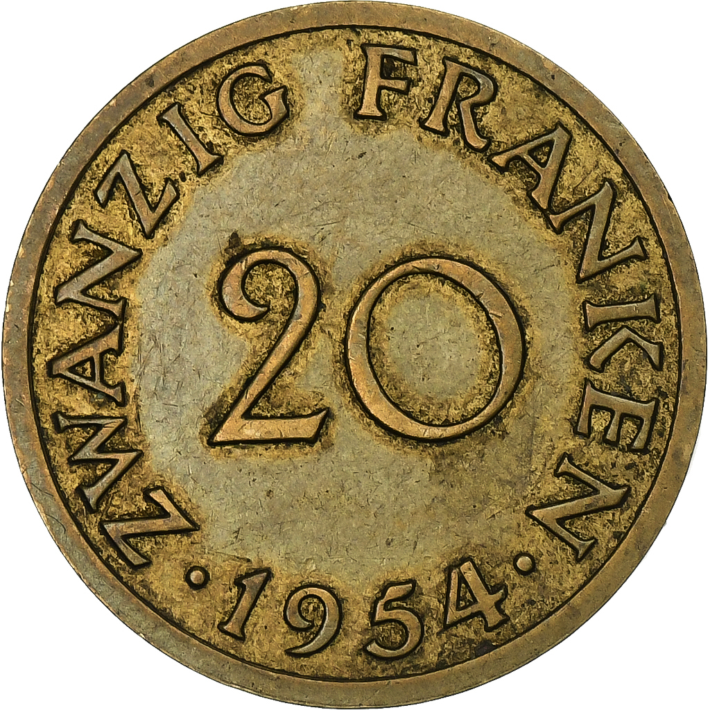 SAARLAND, 20 Franken, 1954, Paris, Aluminum-Bronze, , Gadoury:2, KM:2