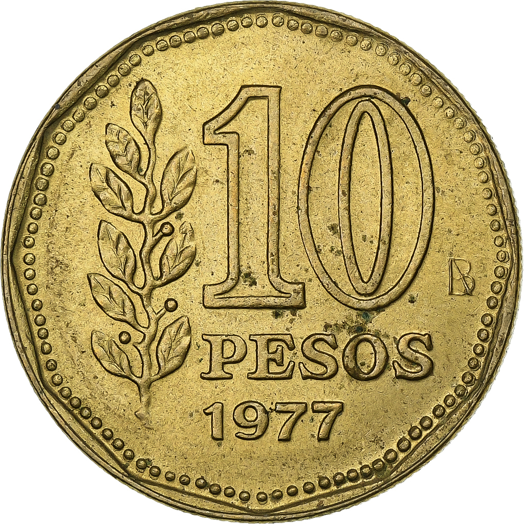 Argentina, 10 Pesos, 1977, Aluminum-Bronze, , KM:72