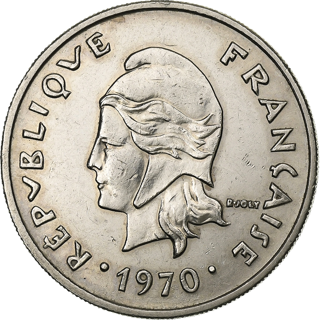 French Polynesia, 20 Francs, 1970, Paris, Nickel, AU, Lecompte:91, KM:6