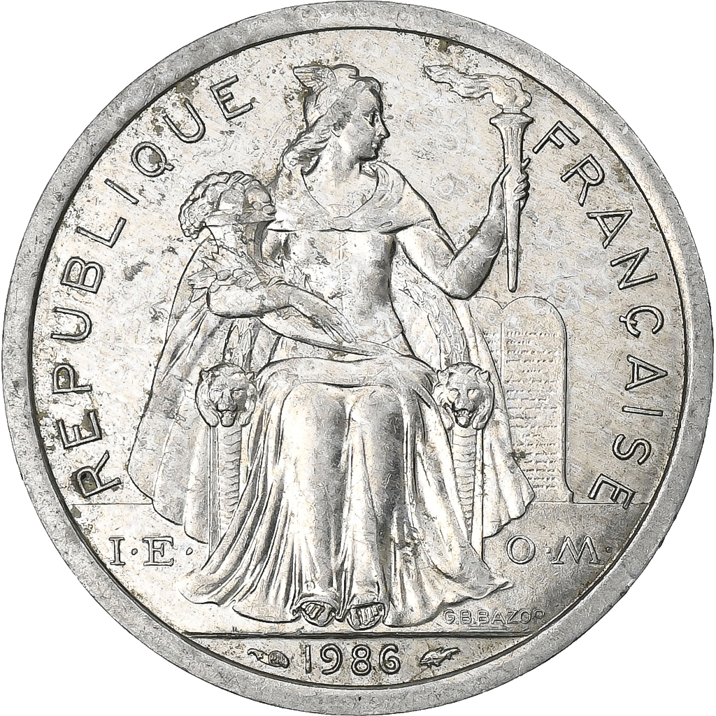 Frans Polynesië, 2 Francs, 1986, Paris, Aluminium, ZF+, Lecompte:37, KM:10