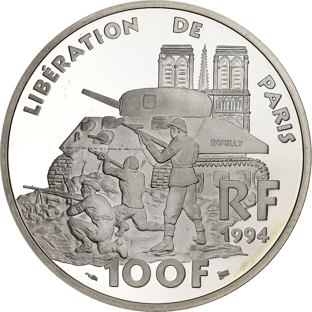 France, 100 Francs, Libération de Paris, 1994, Paris, Silver, MS