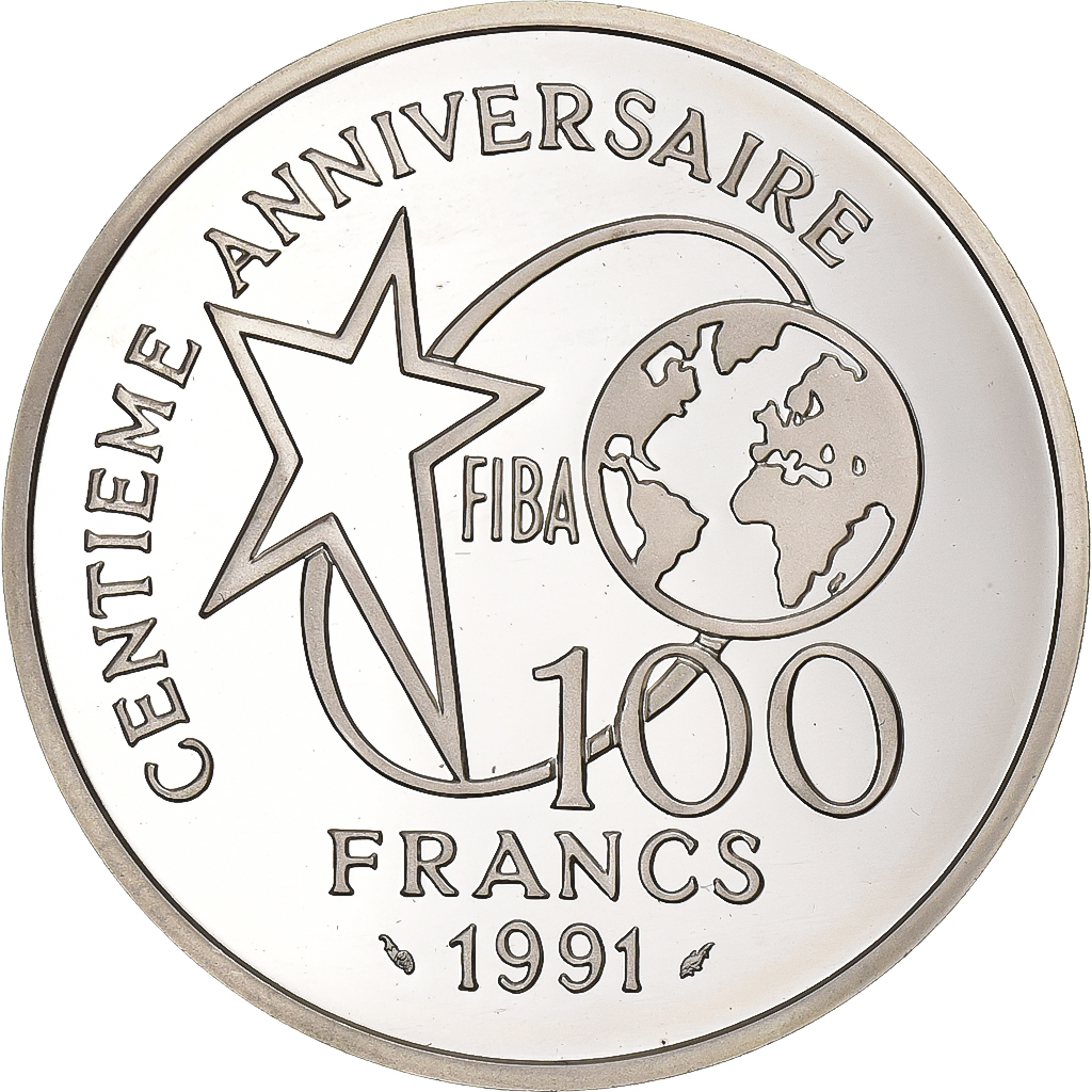 France, 100 Francs, FIBA, basket-ball, 1991, Paris, Silver, MS(63), KM:992