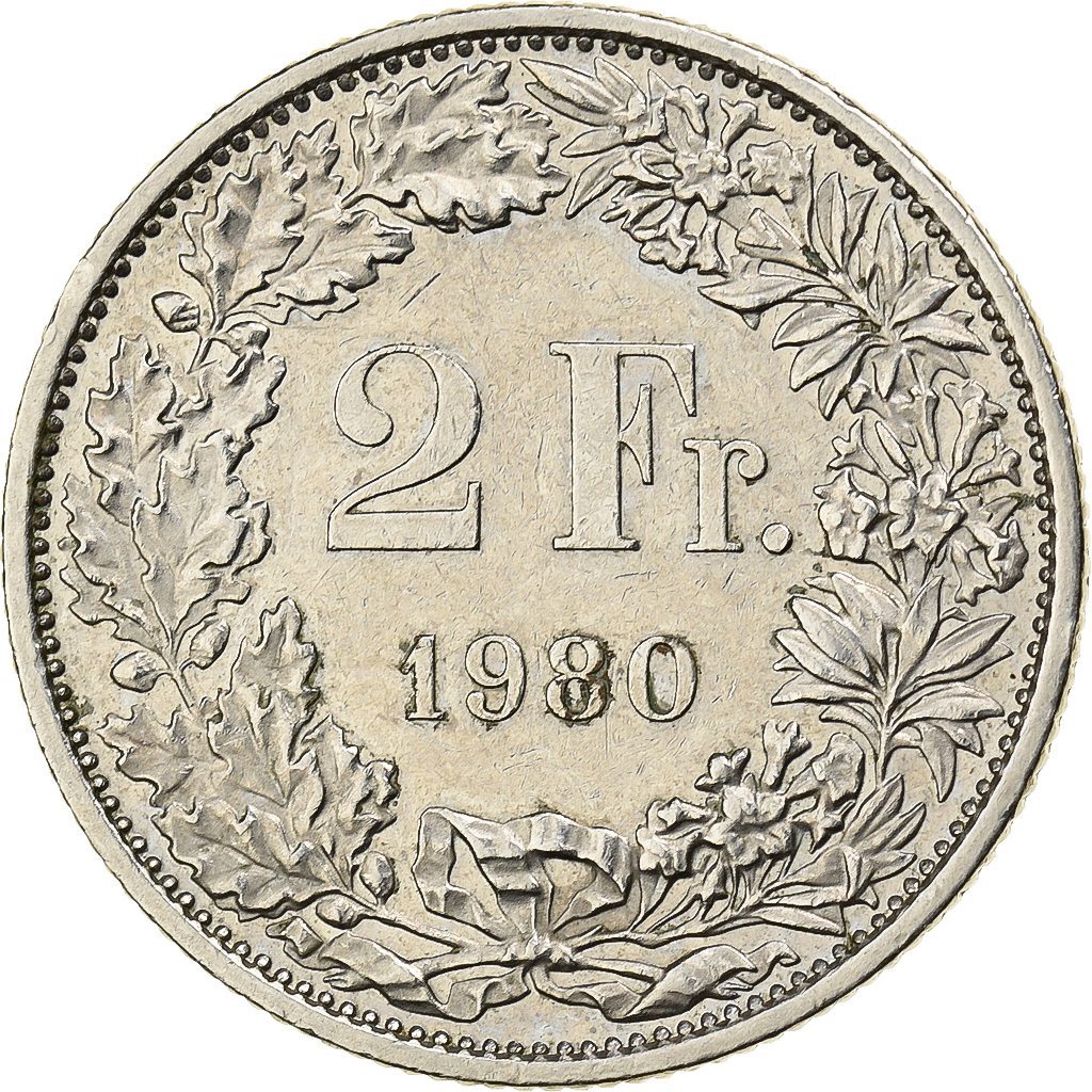 Switzerland, 2 Francs, 1980, Bern, Copper-nickel, , KM:21a.1