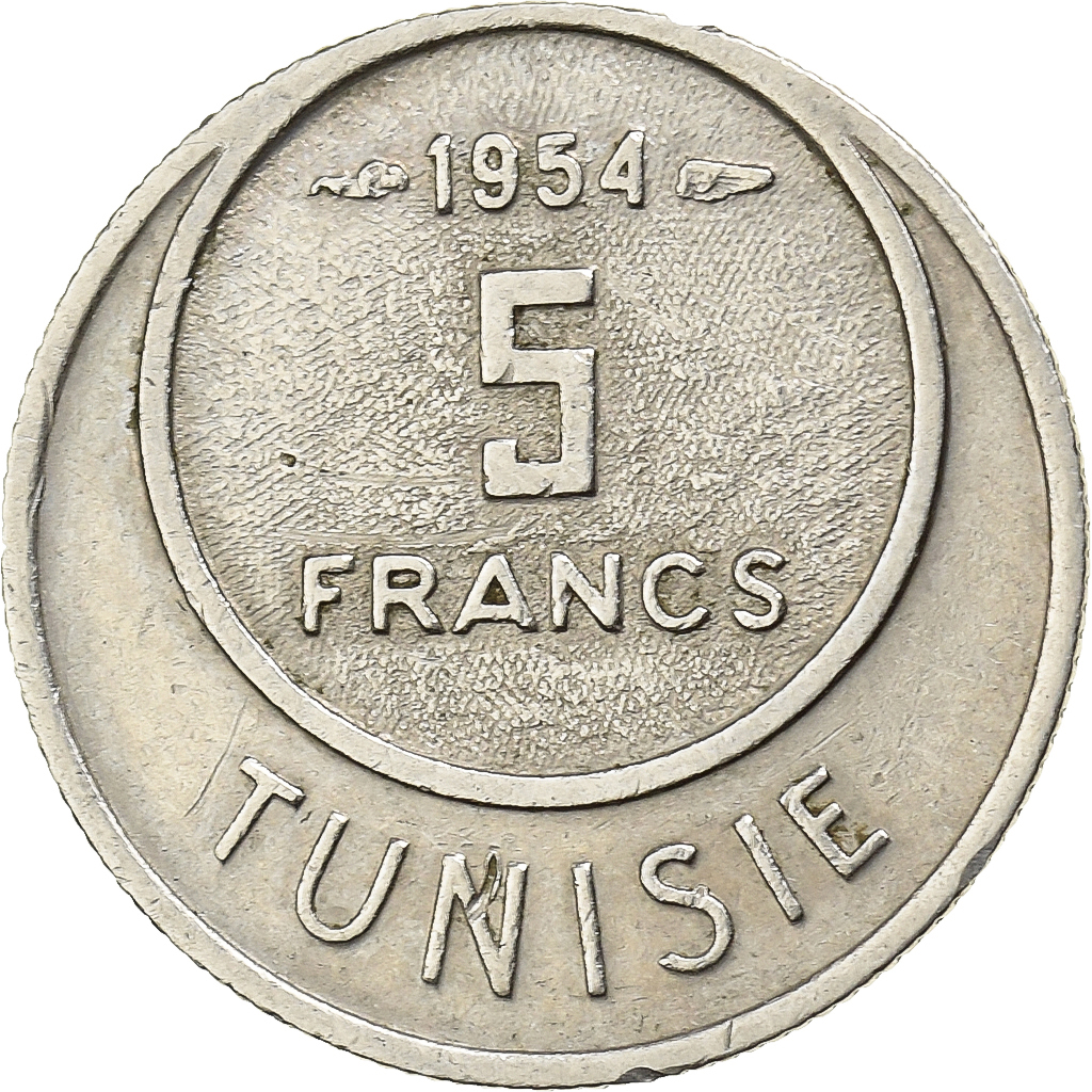 Tunisia, Muhammad al-Amin Bey, 5 Francs, 1954, Paris, Copper-nickel, 