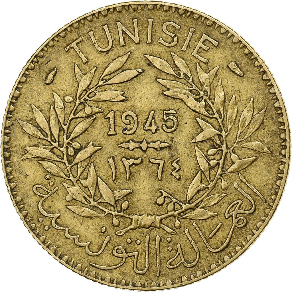 Tunisia, Anonymous, 2 Francs, 1364/1945, Paris, Aluminum-Bronze, 