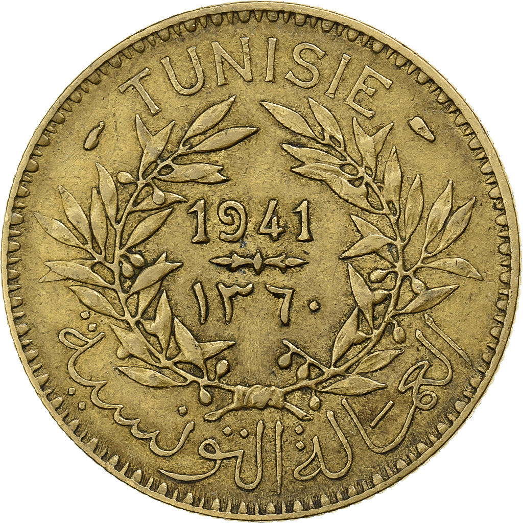 Tunisia, Anonymous, 2 Francs, 1941/AH1360, Paris, Aluminum-Bronze, 